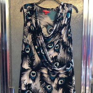 A peacock feather sleeveless dress, size large. Turquoise and black feathers.
